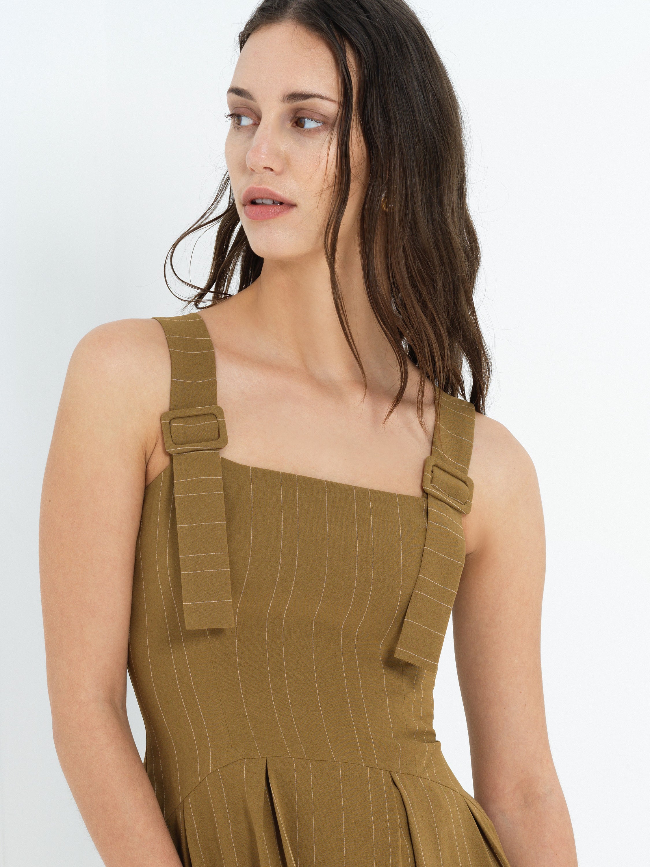 Erma Pinstripe Buckle Strap Khaki Green Midi Dress