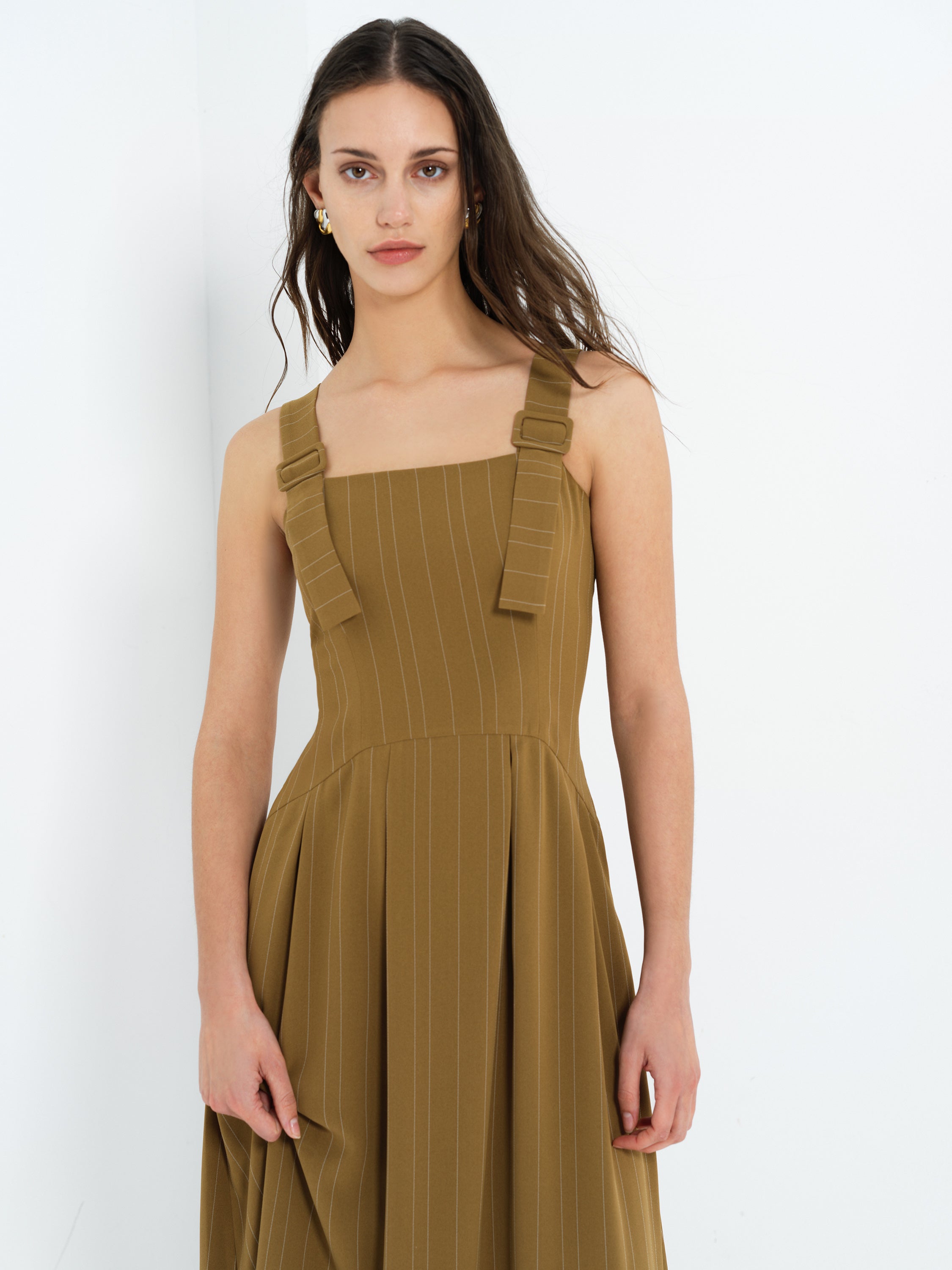 Erma Pinstripe Buckle Strap Khaki Green Midi Dress