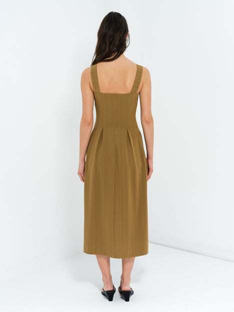 Erma Pinstripe Buckle Strap Khaki Green Midi Dress