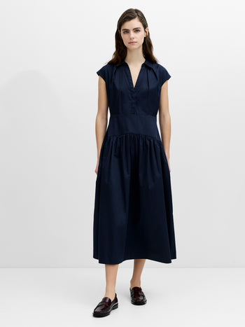 Alexis Poplin Drop Waist Navy Blue Midi Dress