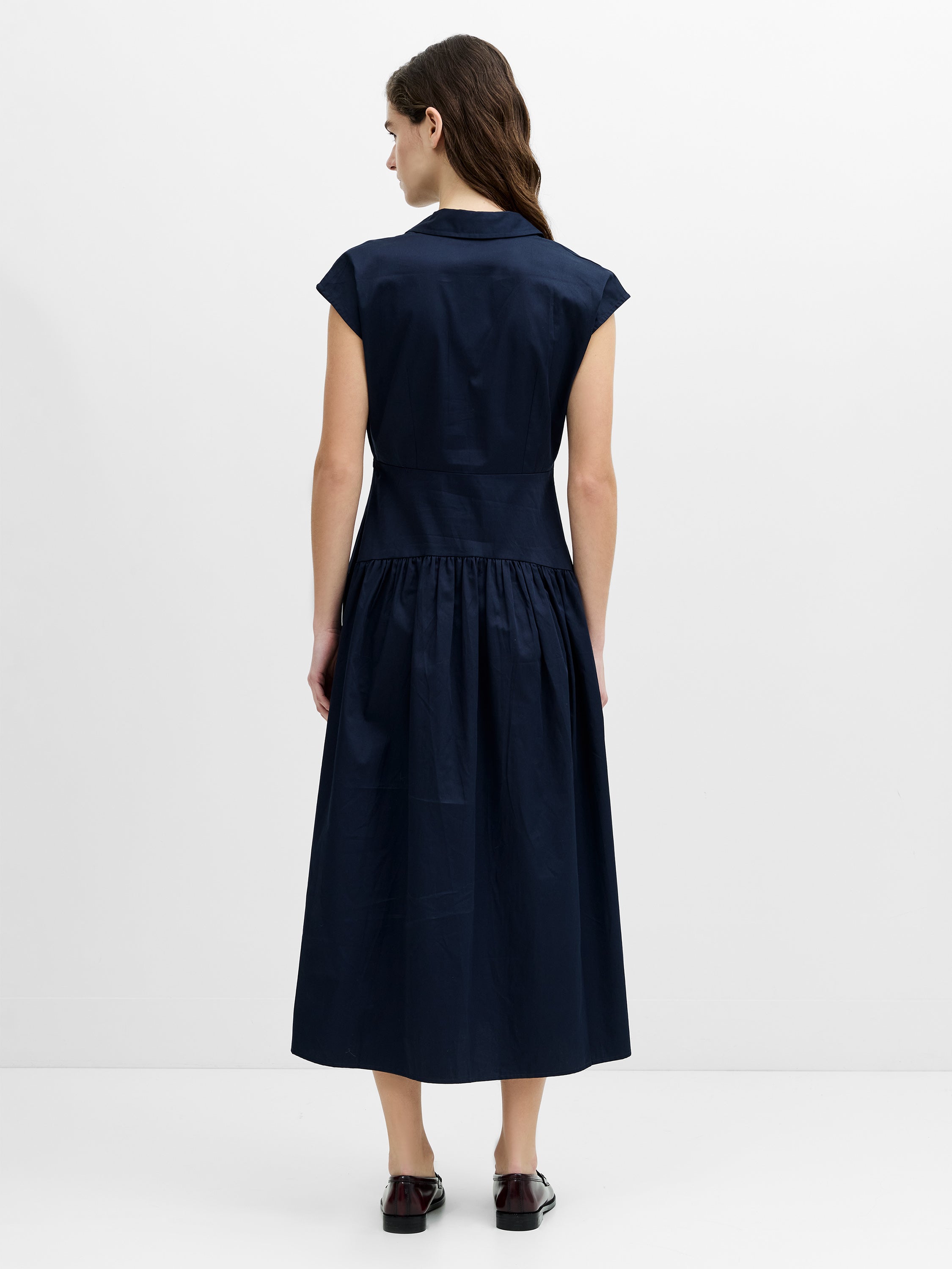 Alexis Poplin Drop Waist Navy Blue Midi Dress