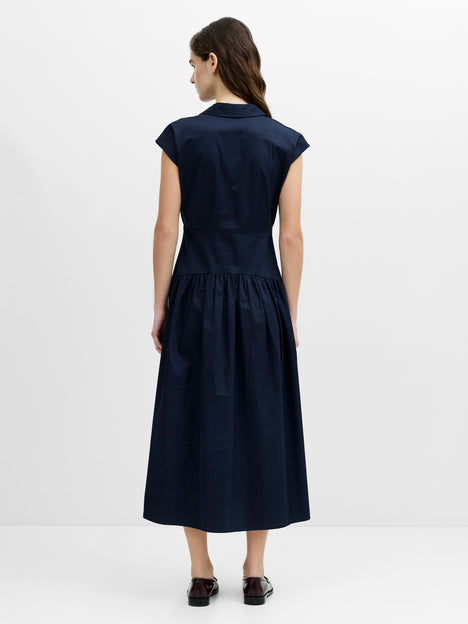 Alexis Poplin Drop Waist Navy Blue Midi Dress