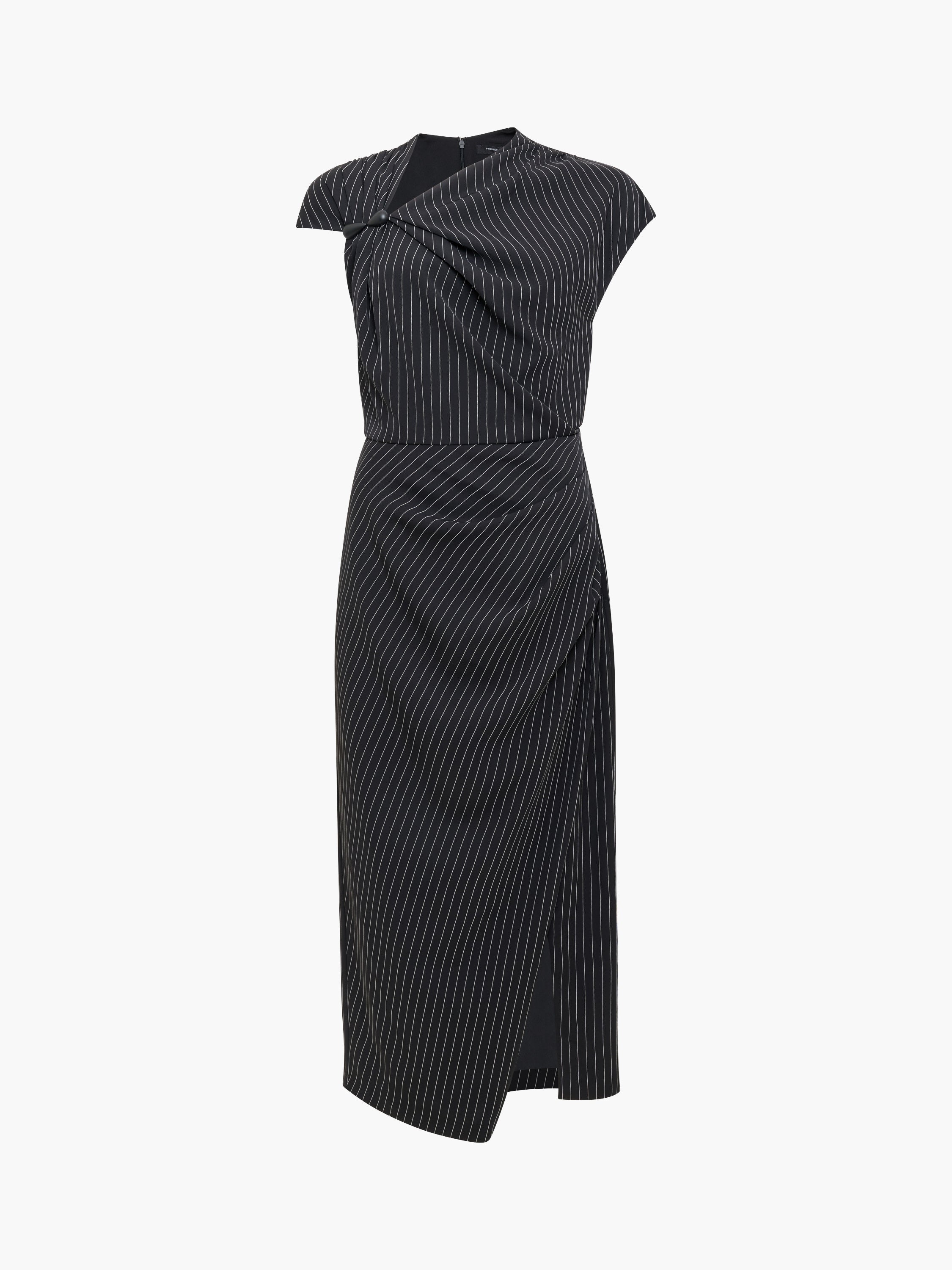 Vinnie Black Pinstripe Draped Midi Dress