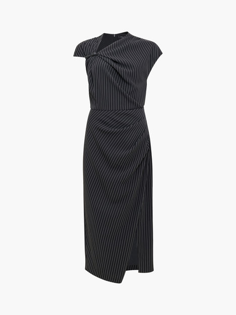 Vinnie Black Pinstripe Draped Midi Dress