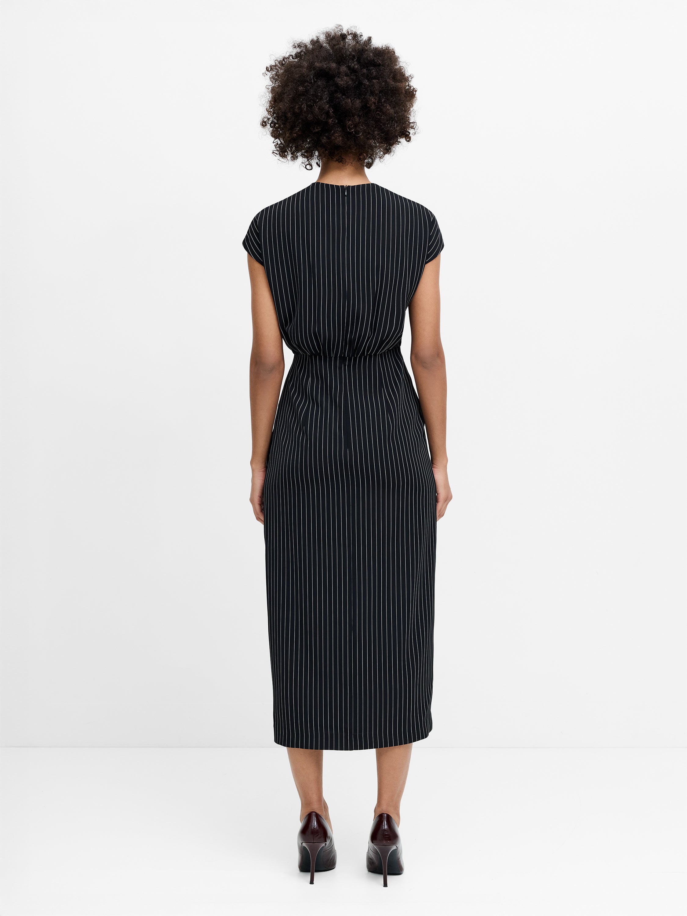 Vinnie Black Pinstripe Draped Midi Dress