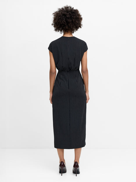 Vinnie Black Pinstripe Draped Midi Dress
