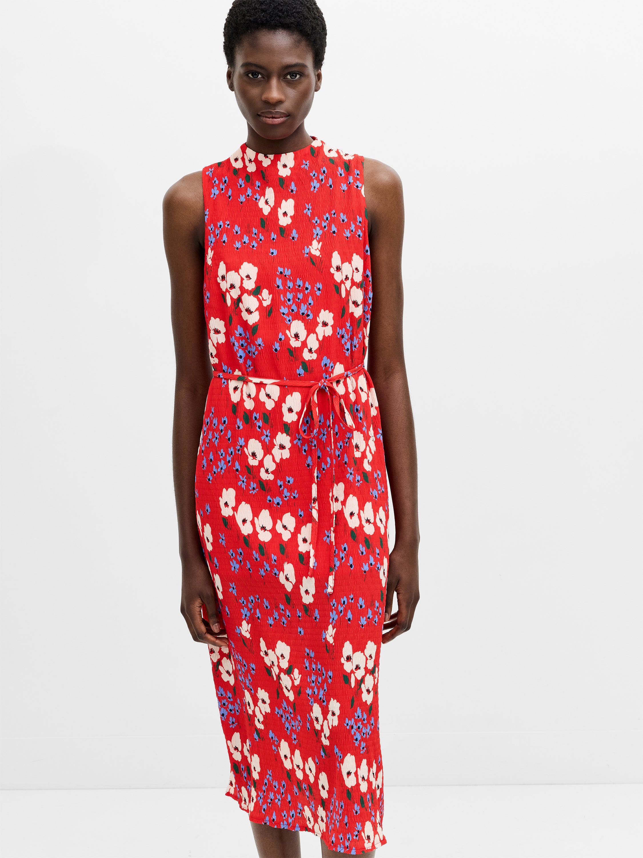 Scarlett Red Crinkle Floral Midi Dress