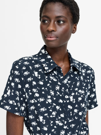 Navy Floral Printed Mini Shirt Dress