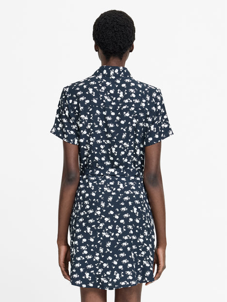 Navy Floral Printed Mini Shirt Dress