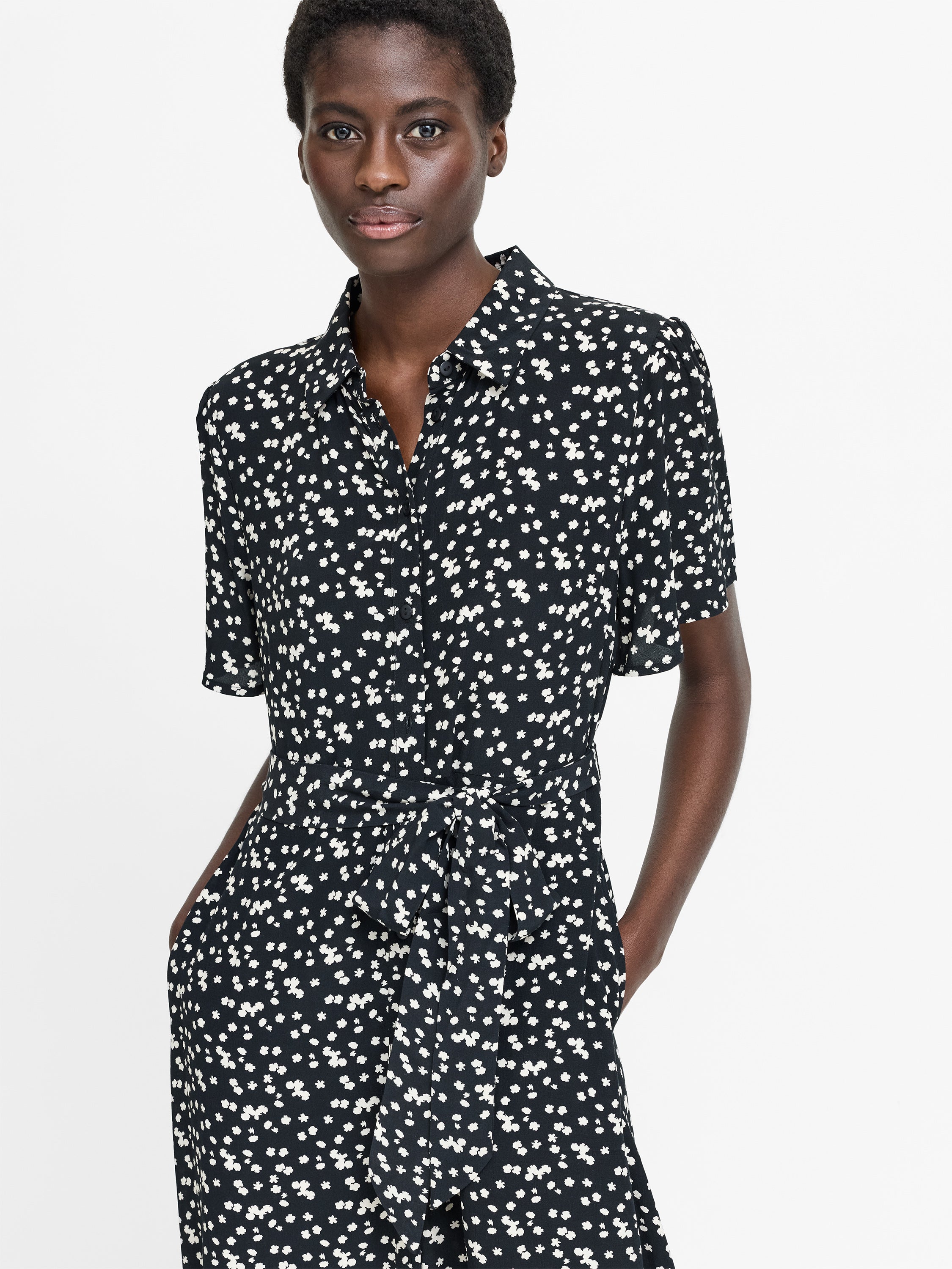 Harriet Monochrome Floral Belted Shirt Dress