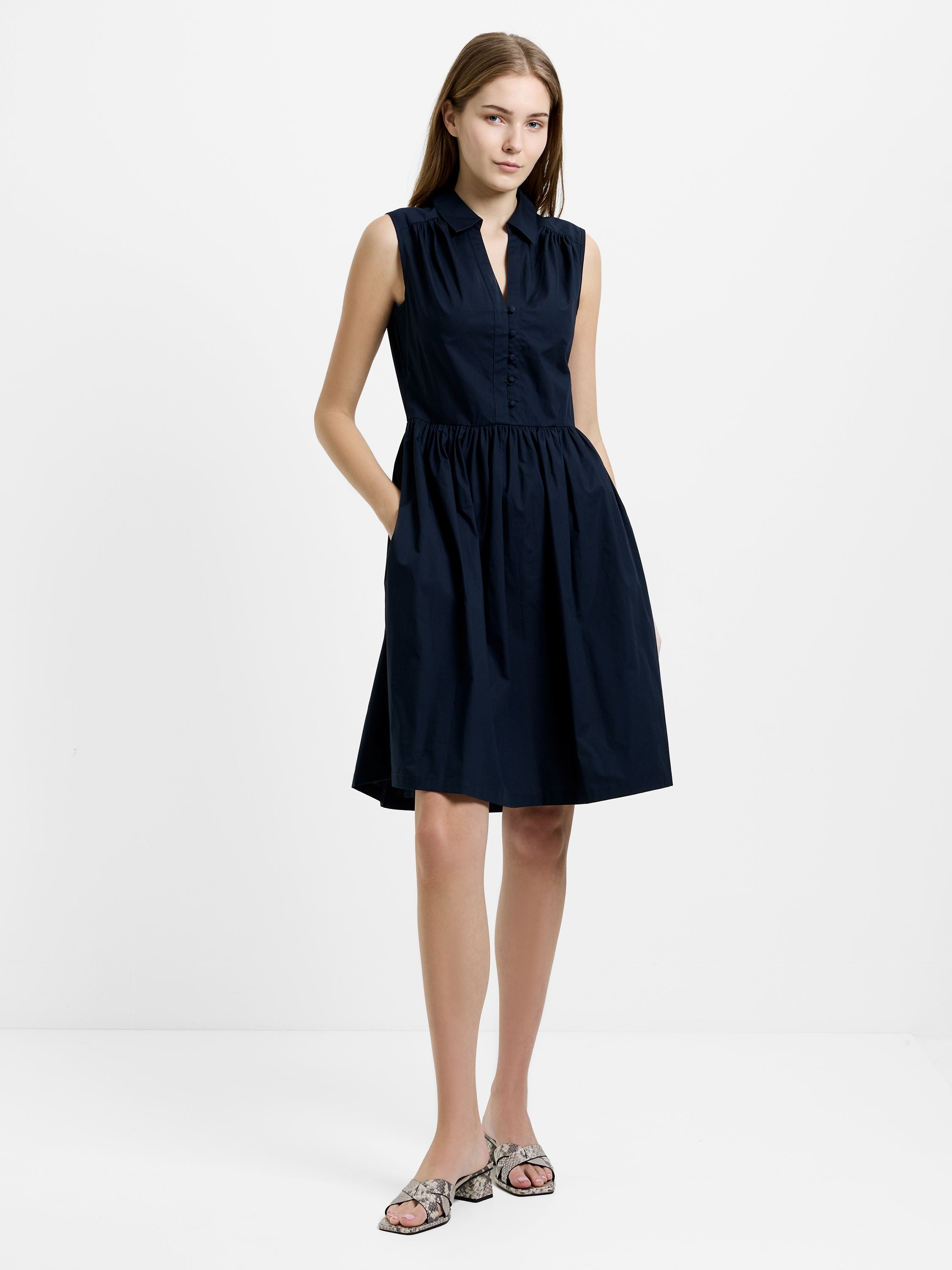 Poplin Sleeveless Smock Dress Navy Blue