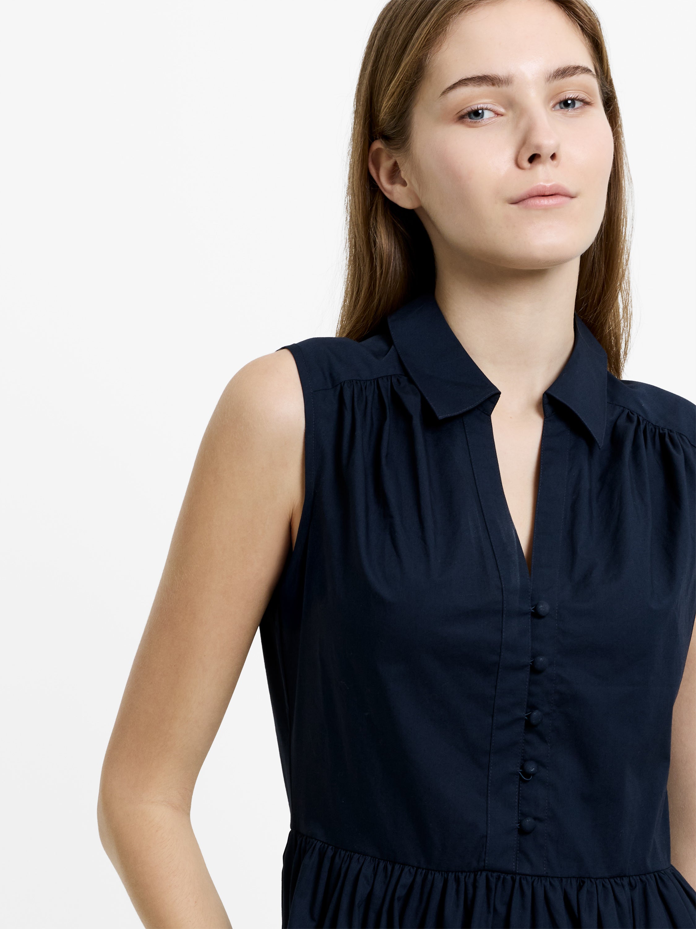 Poplin Sleeveless Smock Dress Navy Blue Poplin Sleeveless Smock Dress Navy Blue