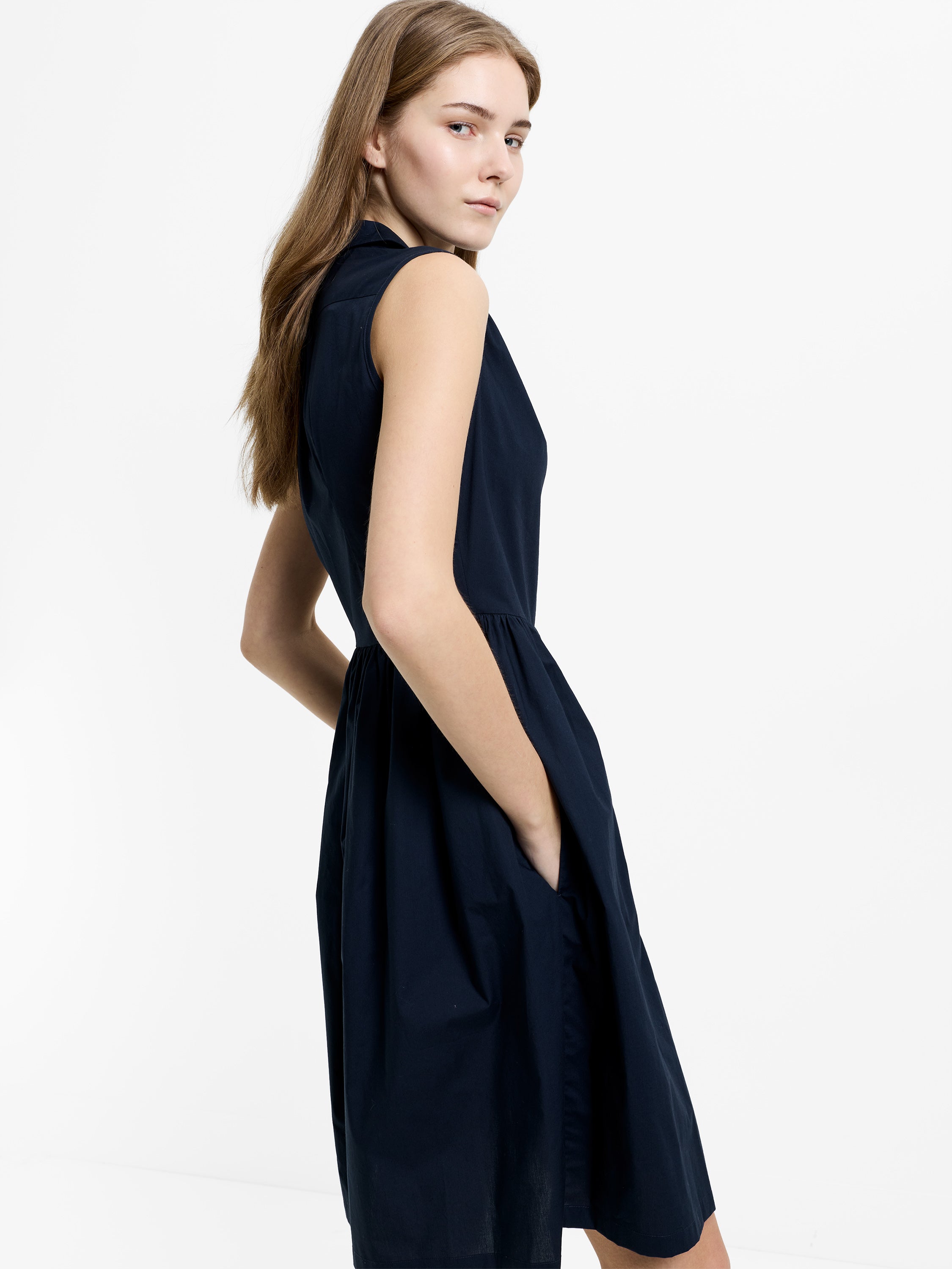 Poplin Sleeveless Smock Dress Navy Blue Poplin Sleeveless Smock Dress Navy Blue