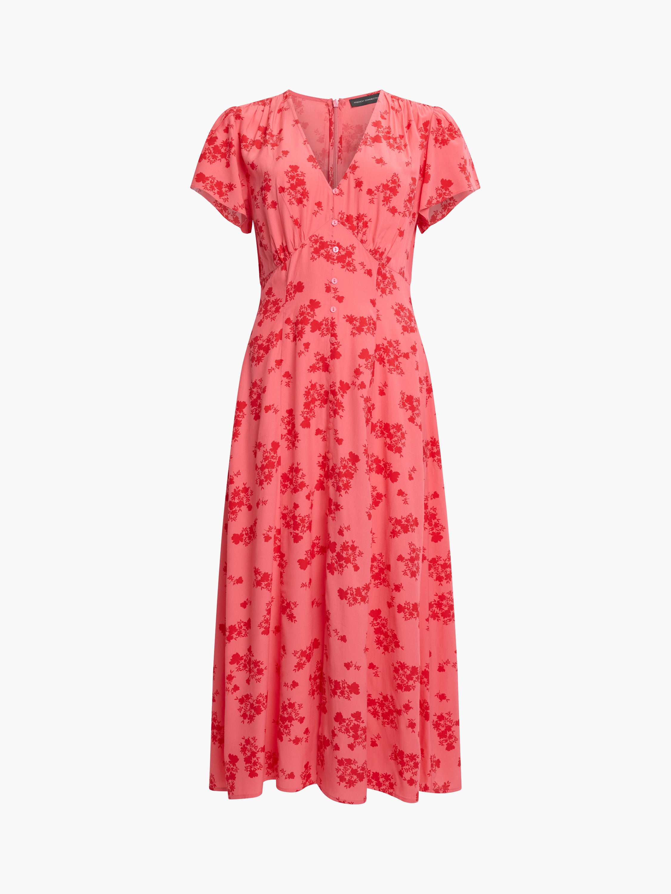 raquel floral midi dress Raquel Eco Flutter Sleeve V-Neck Midi Dress Raspberry Pink/red