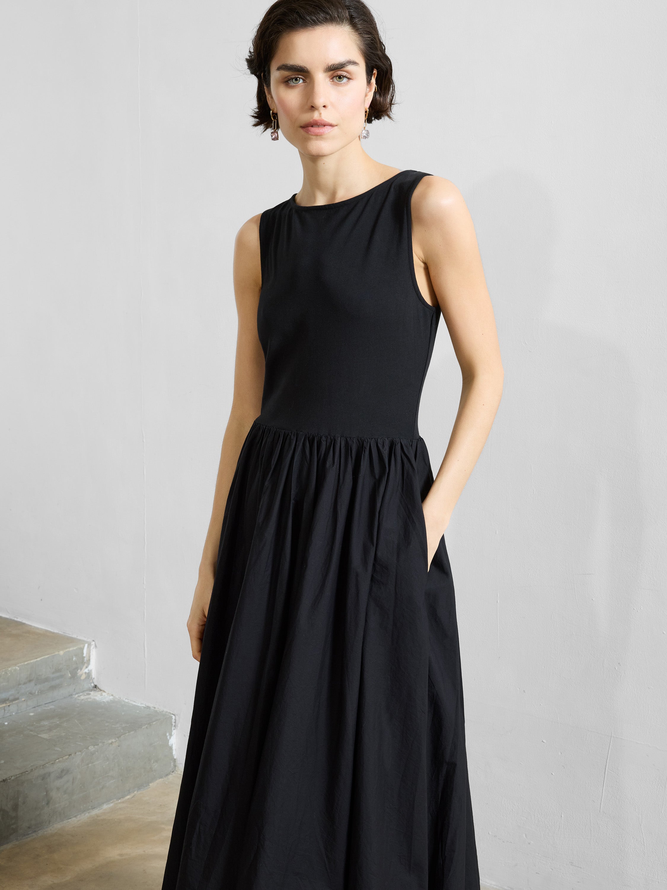 sleeveless bubble hem midi dress Phoebe Jersey Woven Mix Bubble Hem Midi Dress Black