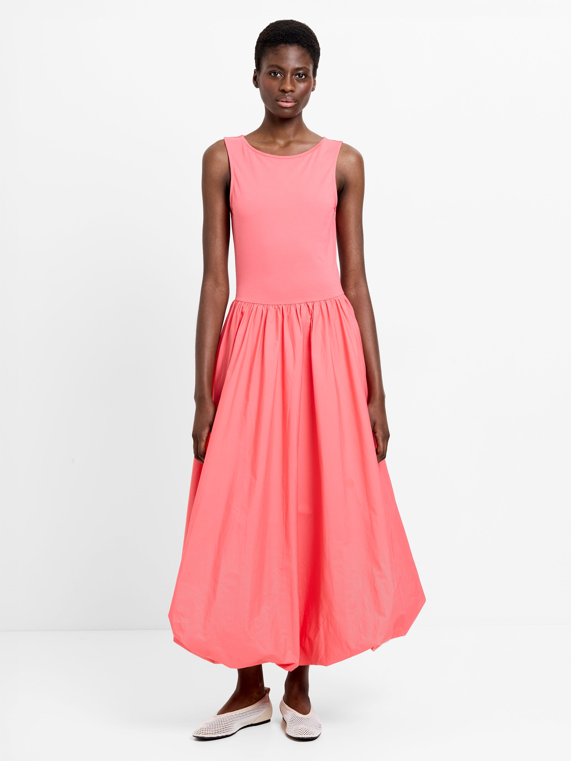 Phoebe Jersey Woven Mix Bubble Hem Midi Dress Raspberry Pink
