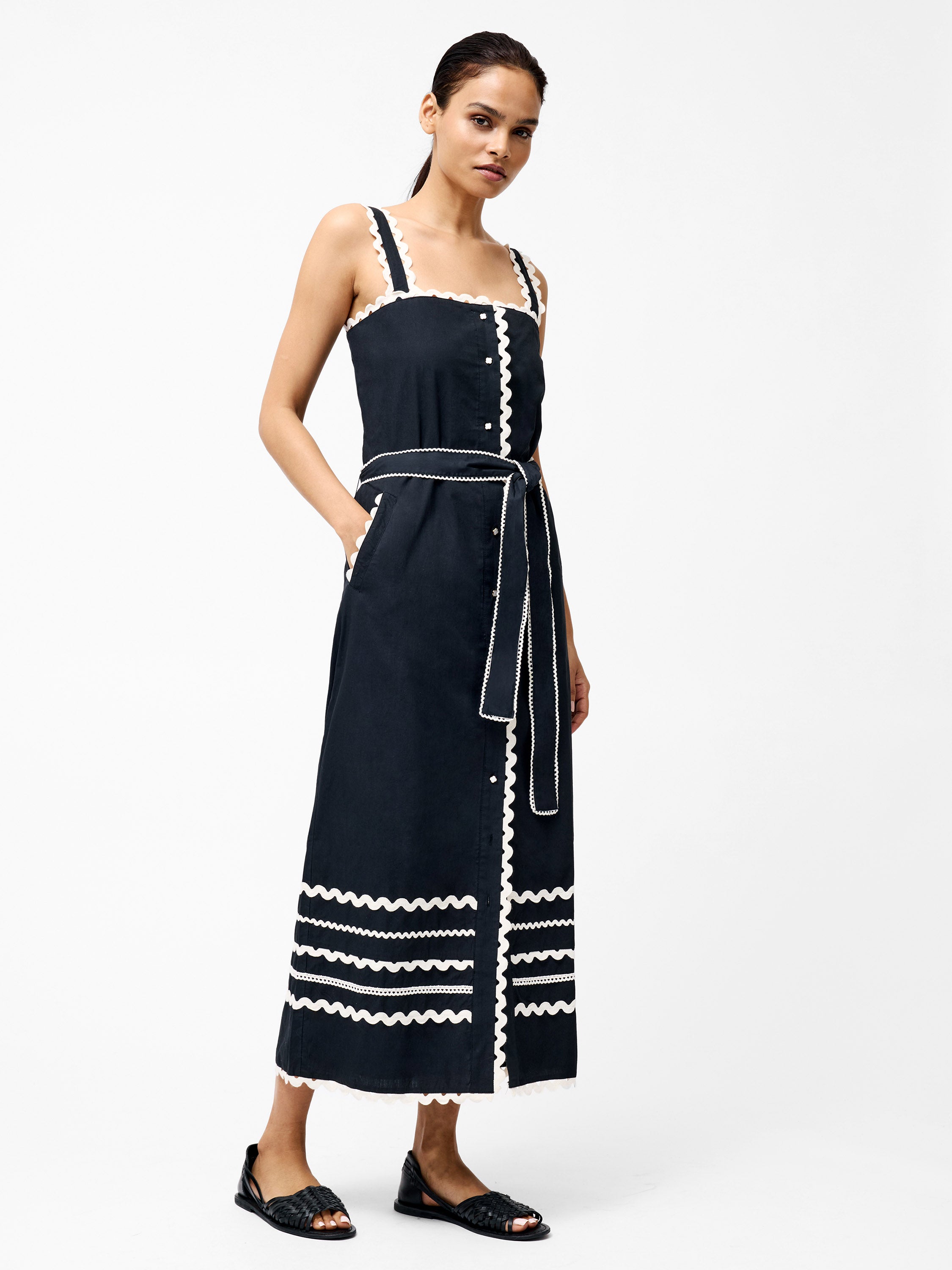 Cambria Cotton Ric Rac Dress Black/White | French Connection UK