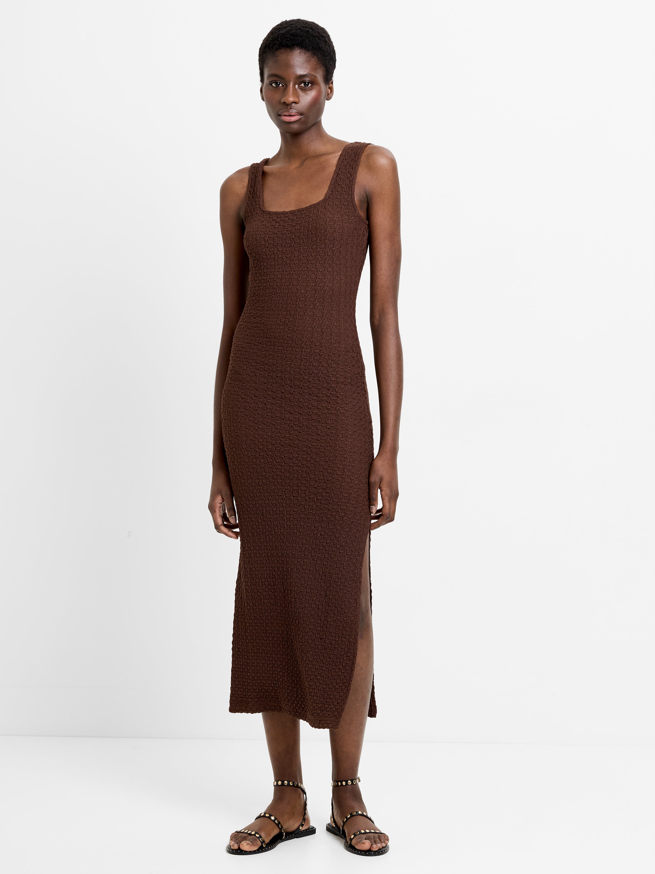 brown textured midi dress Brown Textured Knit Midi Dress  self-portrait-US