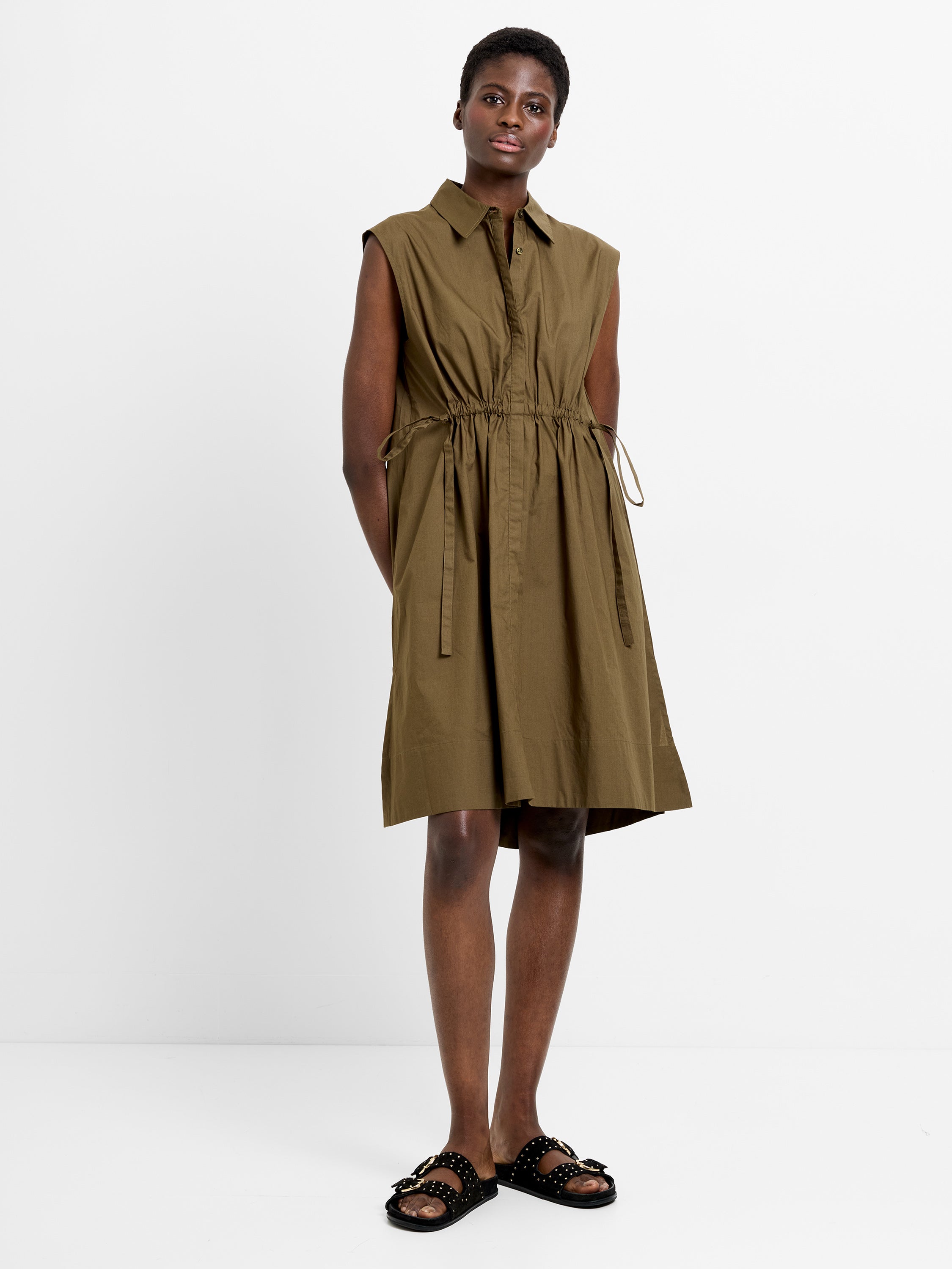 french connection green pleated dress Poplin Tie Sleeveless Dress Khaki Green