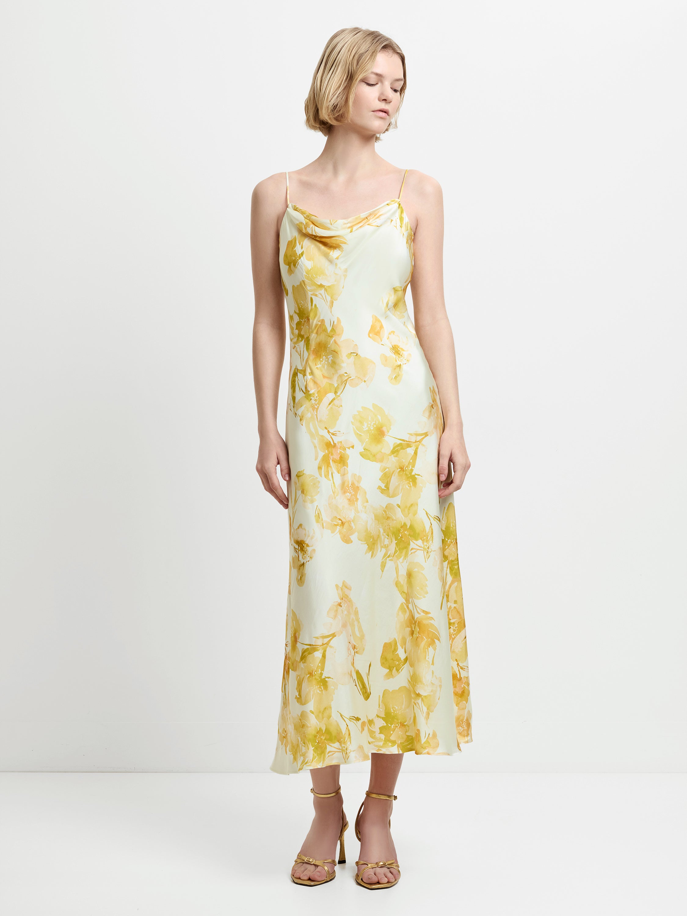yellow silk dress midi Oona Satin Cowl Neck Yellow Floral Midi Dress Daisy Yellow Floral Print
