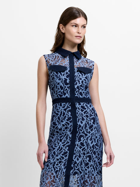 Skye Lace Godet Blue Midi Shirt Dress