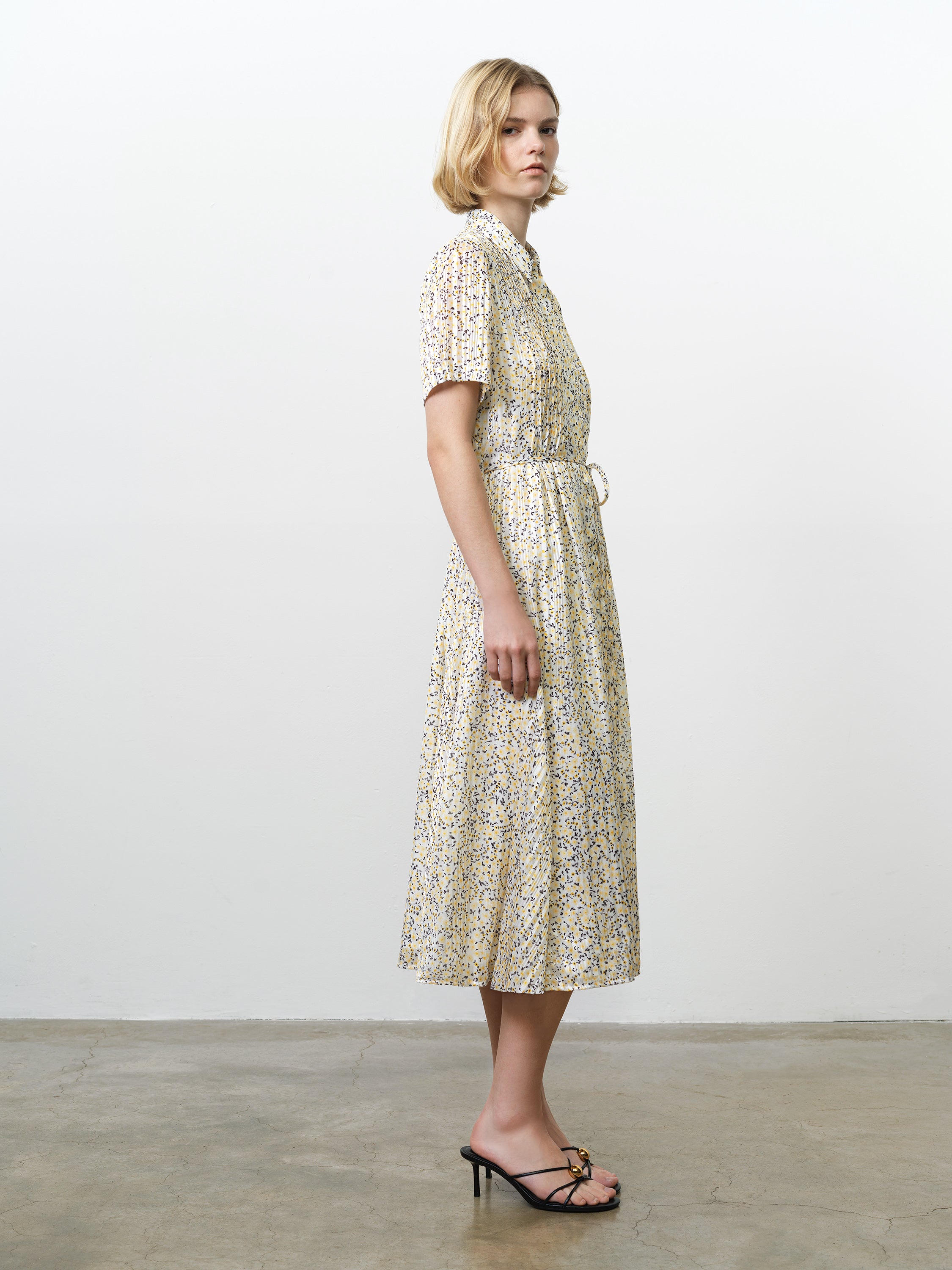 yellow midi shirt dress Bonnie Satin Abstract Yellow Midi Shirt Dress