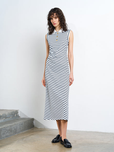 Tommy Monochrome Striped Sleeveless Polo Midi Dress