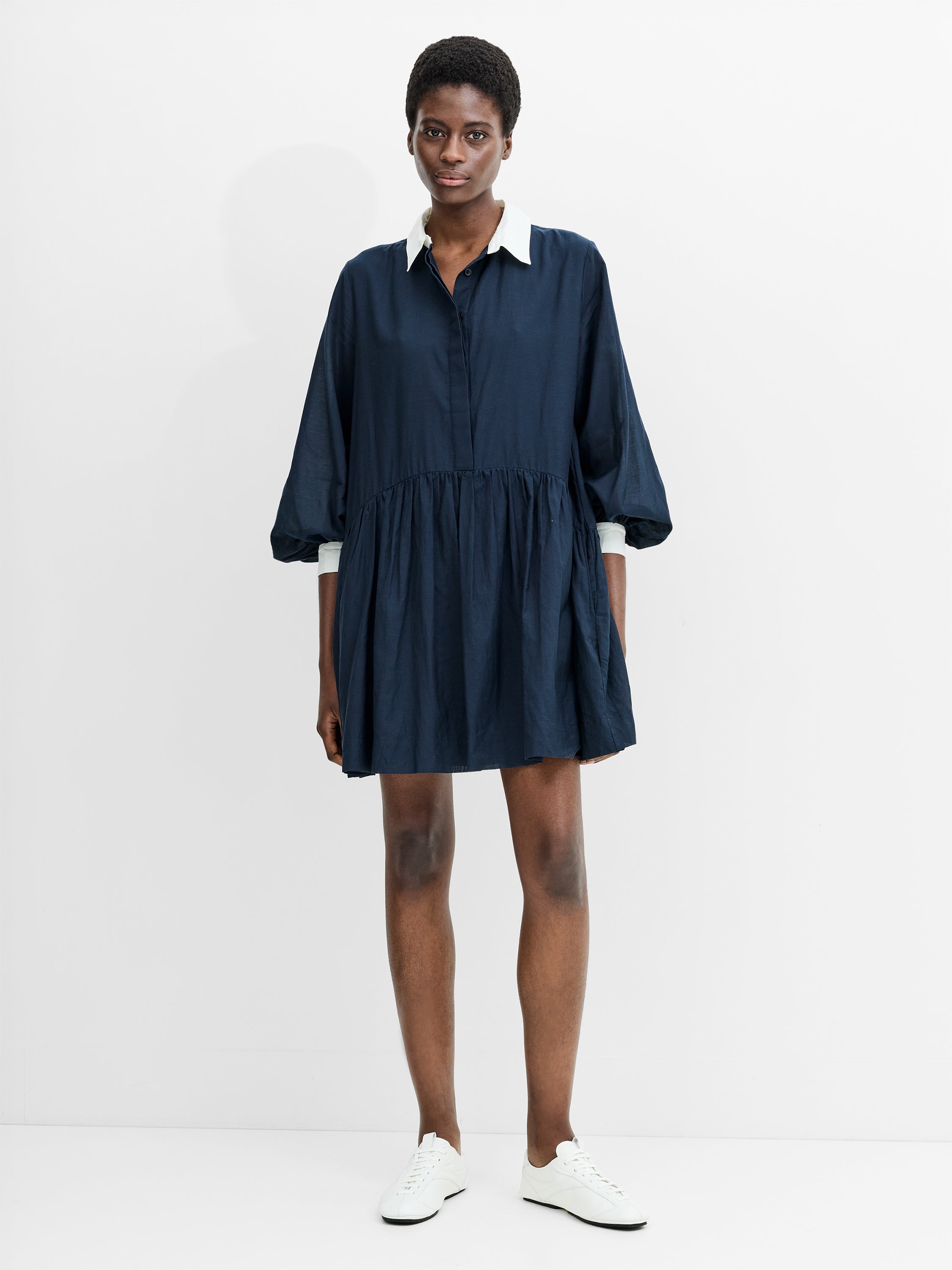 Monica Voile Voluminous Shirt Dress Navy/Porcelain Cream | French