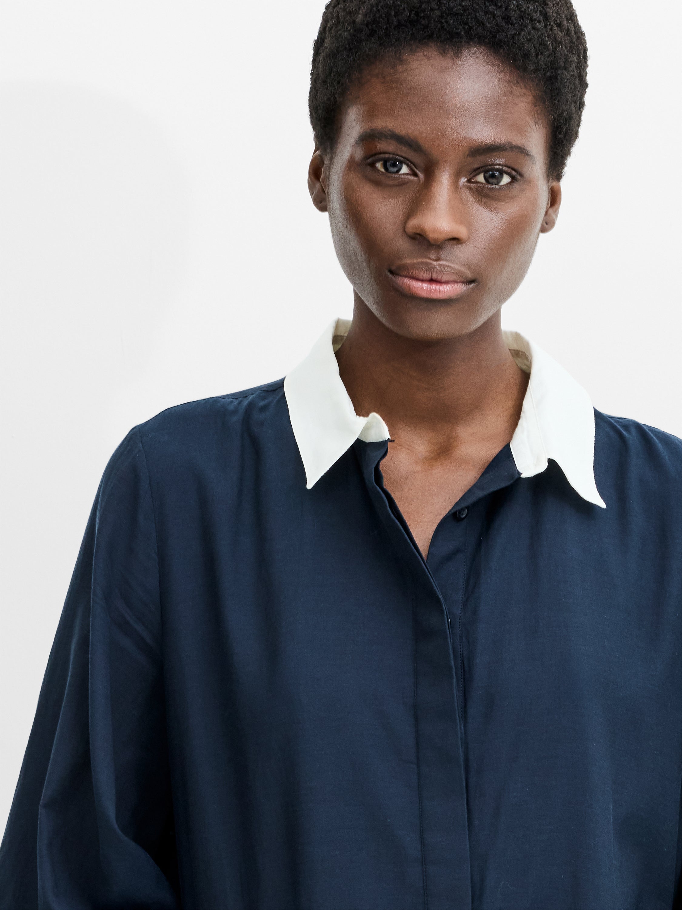 Monica Voile Voluminous Shirt Dress Navy/Porcelain Cream | French