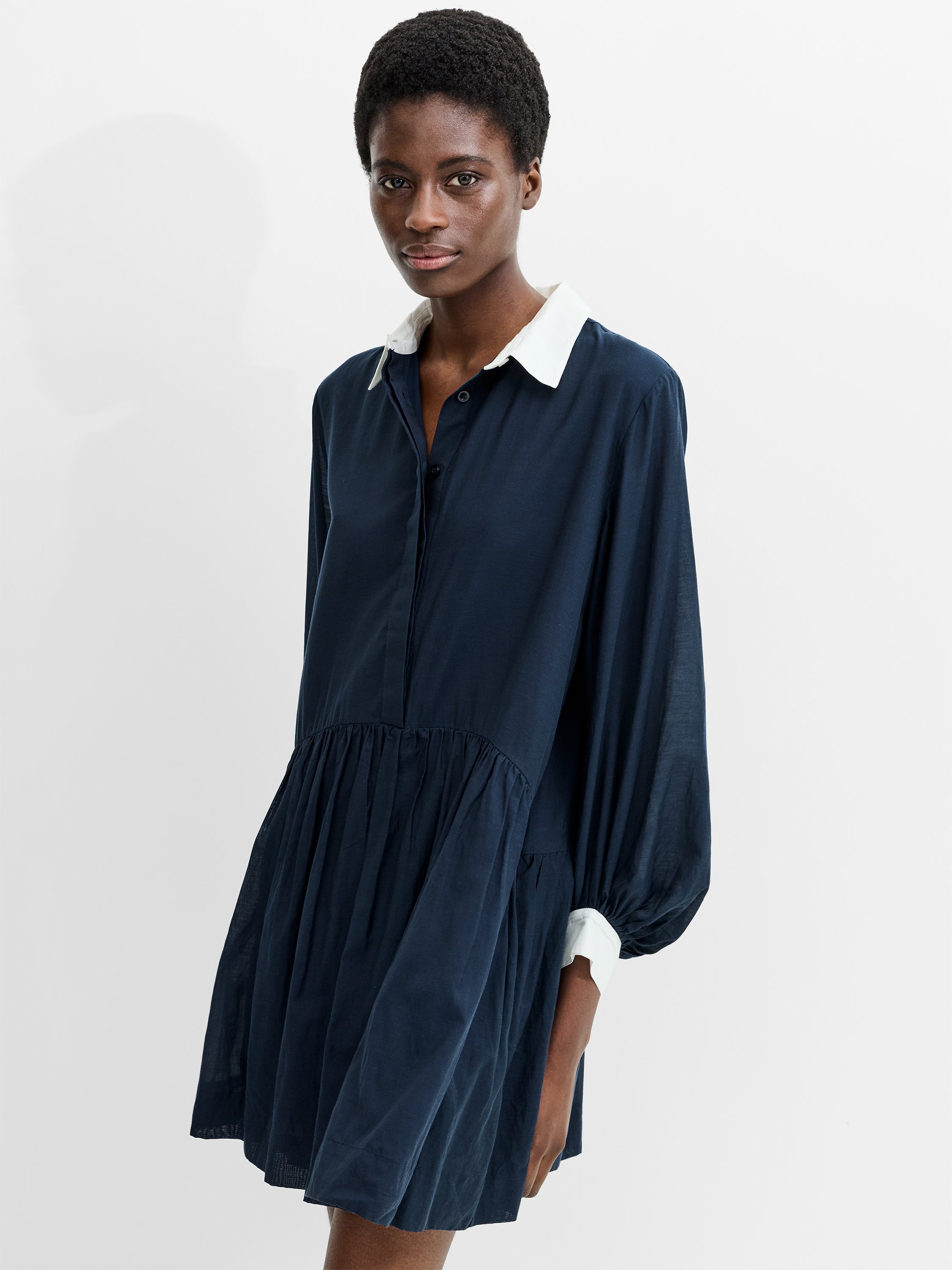 Monica Voile Voluminous Shirt Dress Navy/Porcelain Cream | French