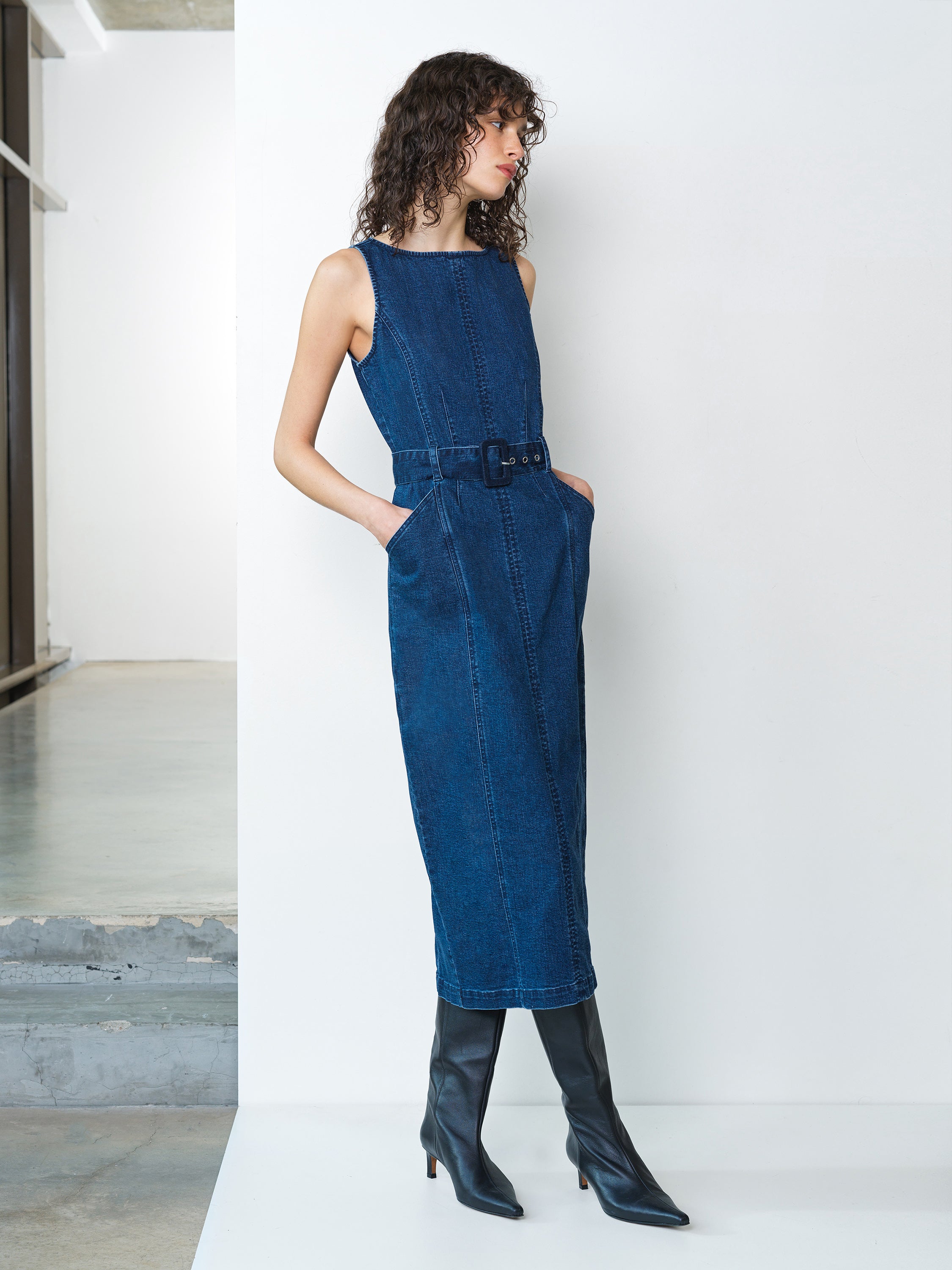 Arywoode Denim Sleeveless Belted Midi Dress Dark Indigo | French