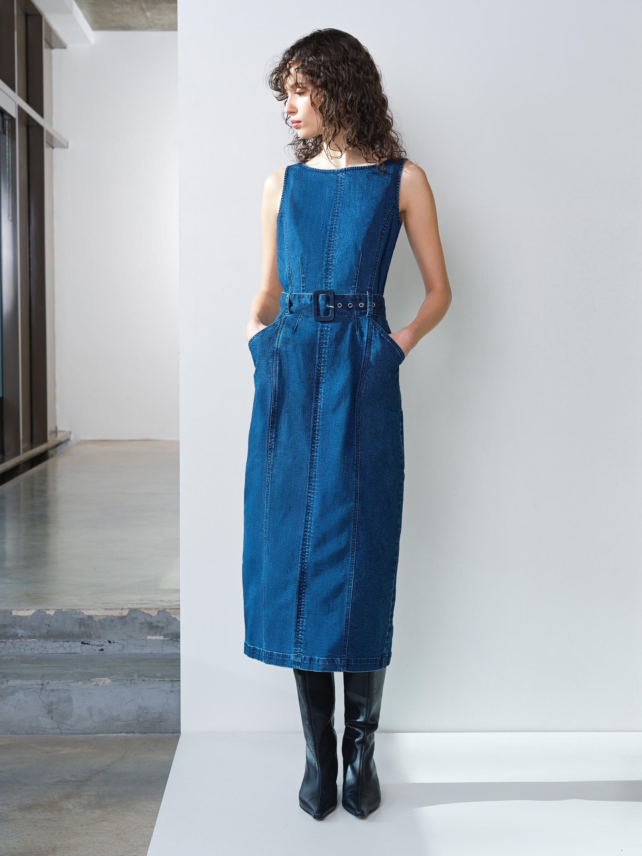 Arywoode Denim Belted Midi Dress