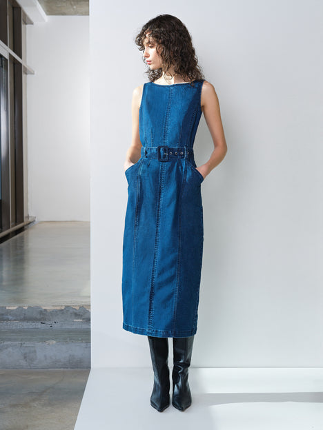 Arywoode Denim Sleeveless Belted Midi Dress