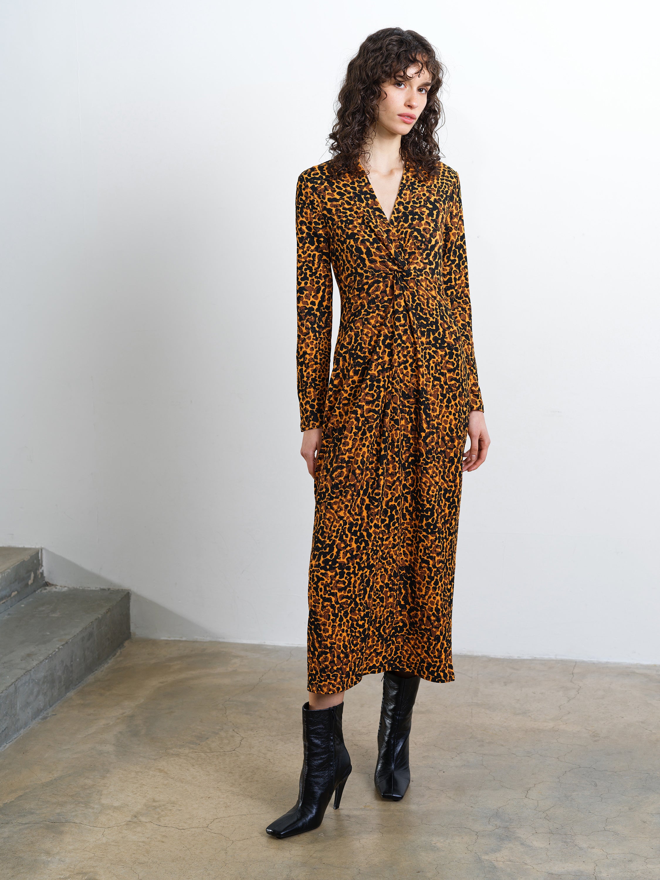 long sleeve animal print midi dress EMERY ROSE French Elegant Leopard Print Long Sleeve Midi Dress For Women , Fall Maxi Women Outfit