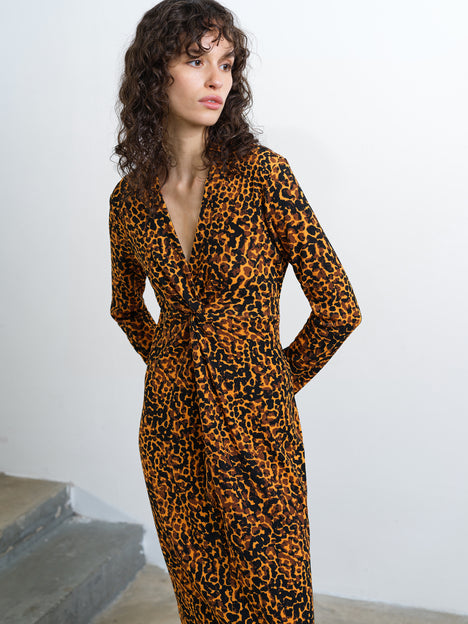 Lottie Textured Leopard Print V Neck Midi Dress