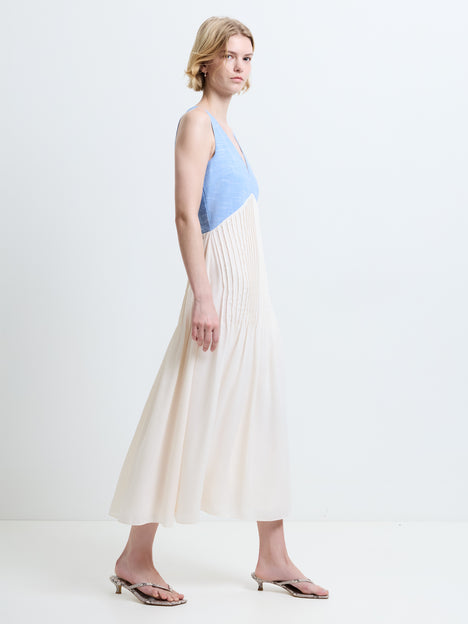Colby Chambray V Neck Pleat Mix Midi Dress