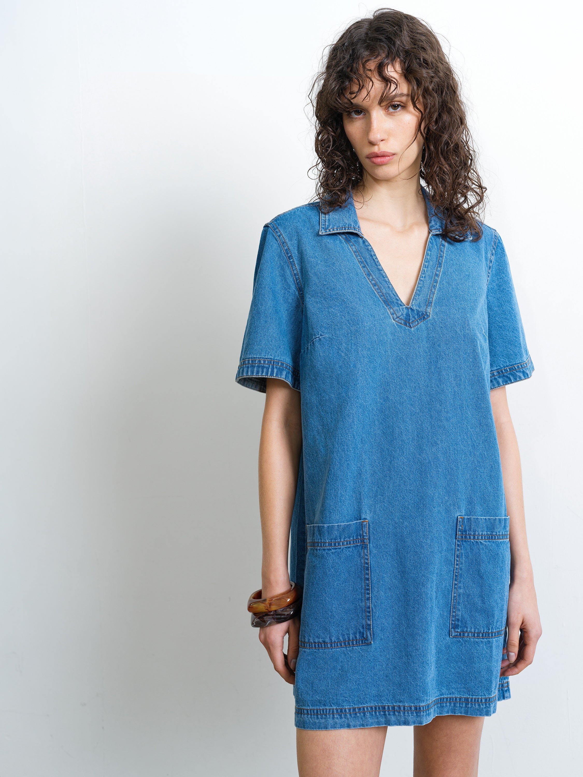 Woman wearing a blue V-neck short sleeve denim mini dress 