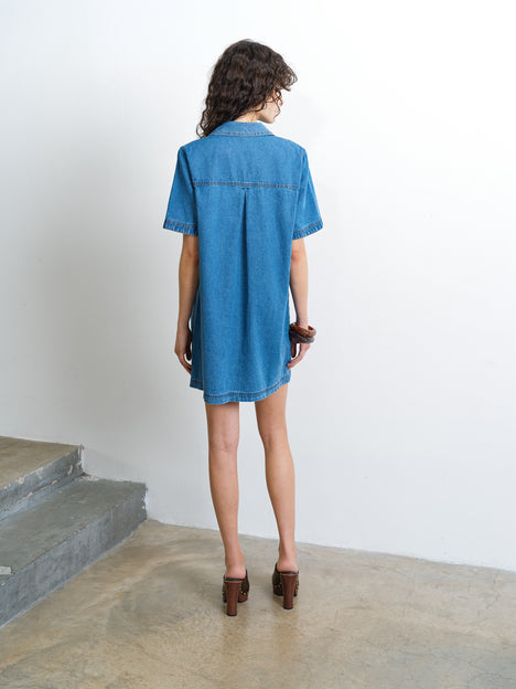 Archie Blue Denim Patch Pocket Short Sleeve Mini Dress