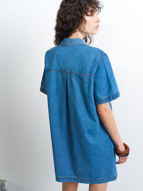 Archie Blue Denim Patch Pocket Short Sleeve Mini Dress