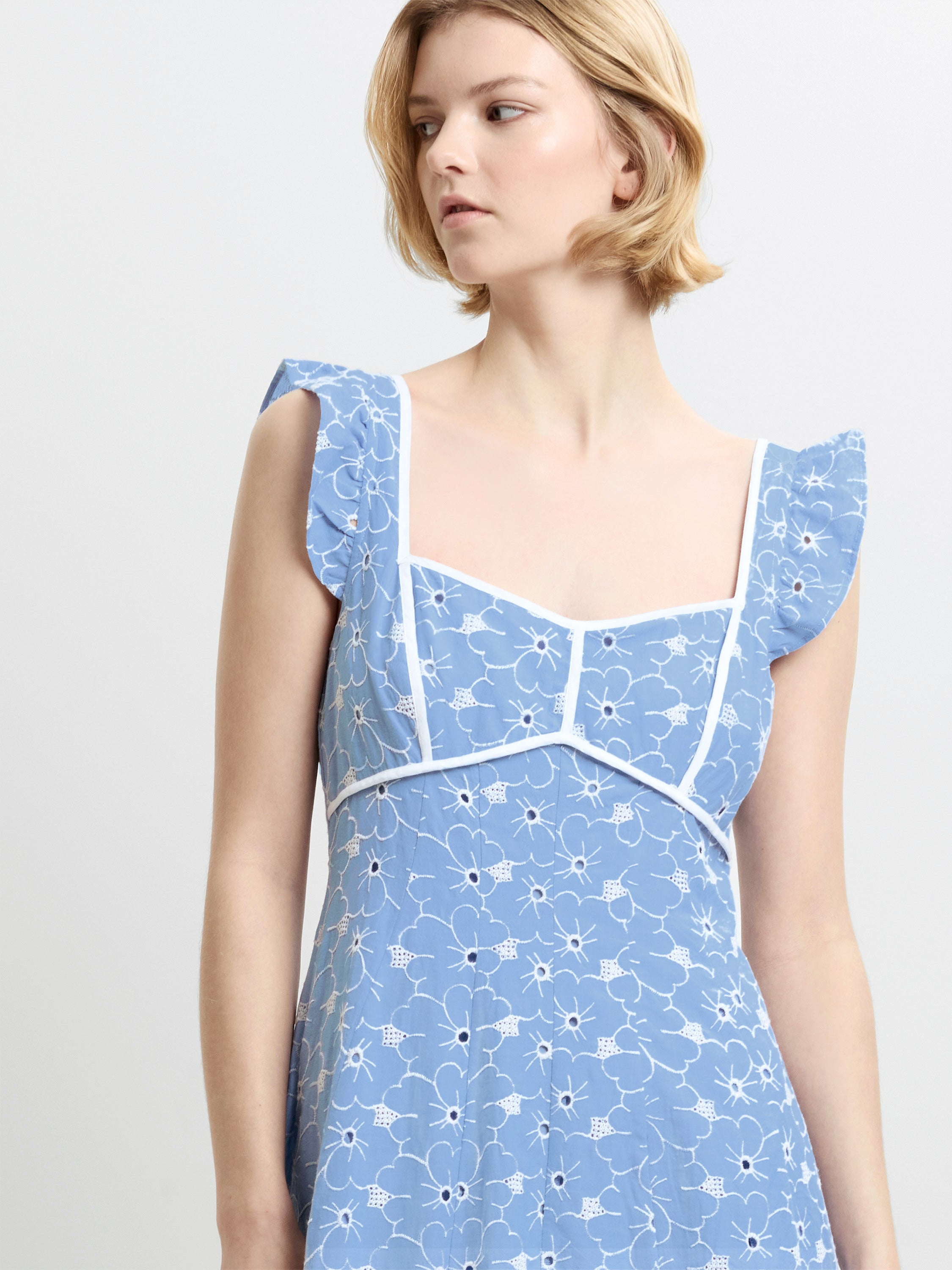 Tamara Floral Broderie Blue Midi Dress Chambray Blue/White