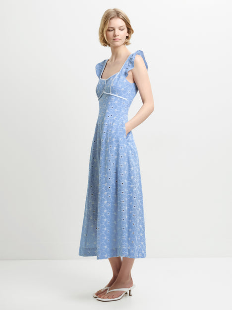 Tamara Floral Broderie Blue Midi Dress