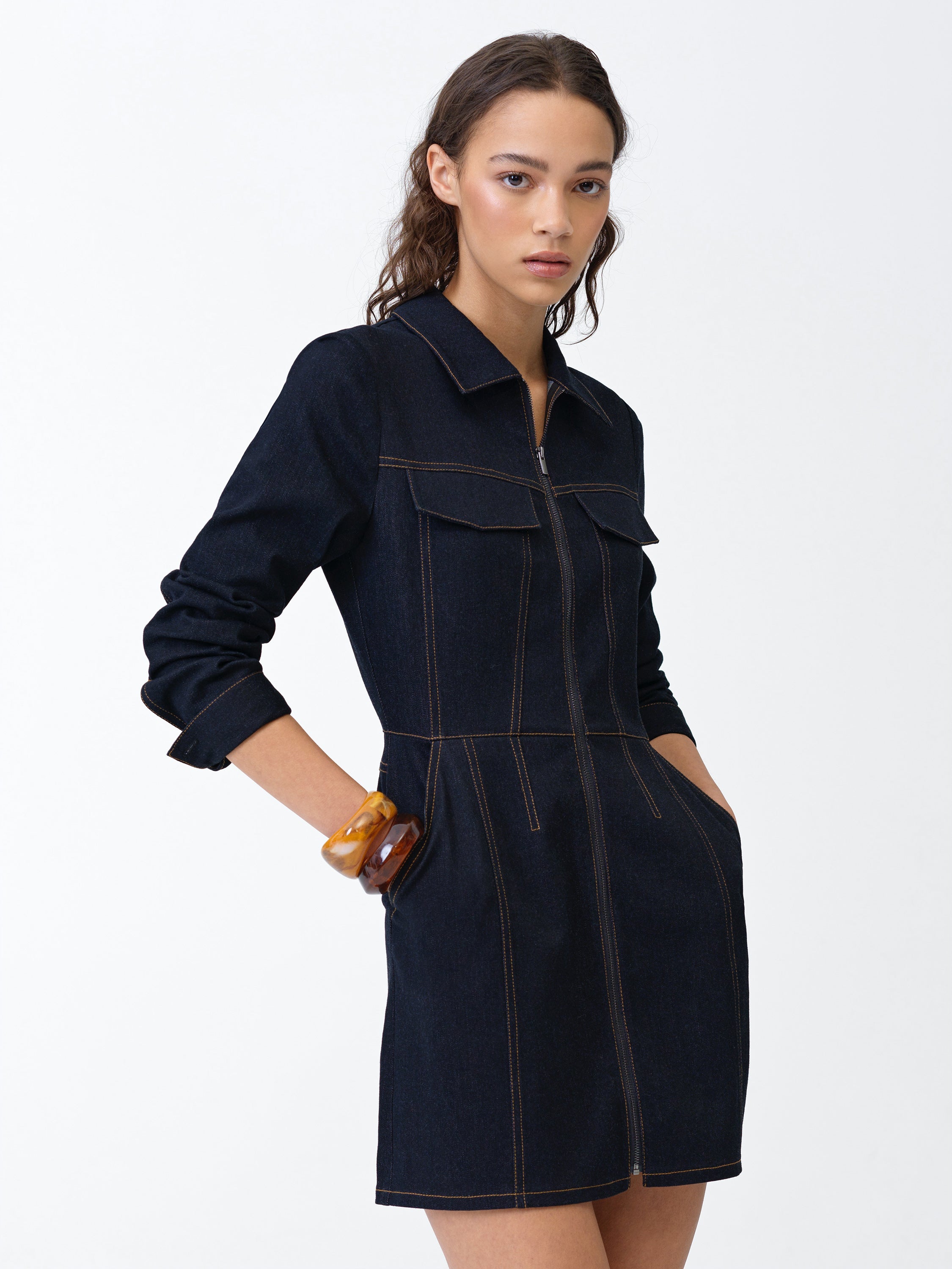 Yami Raw Wash Denim Zip Through Dress Raw Indigo | French