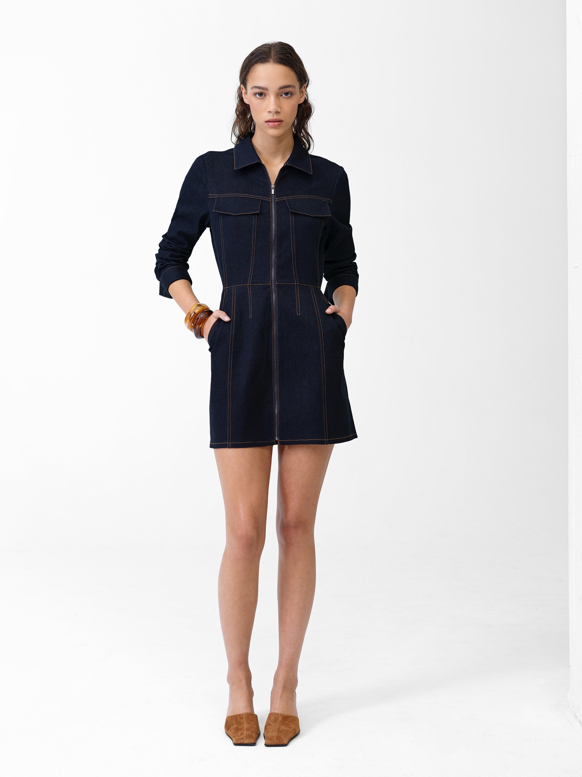Yami Raw Wash Denim Zip Through Dress Raw Indigo | French