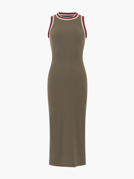 Alma Jersey Sleeveless Tipped Khaki Green Midi Dress
