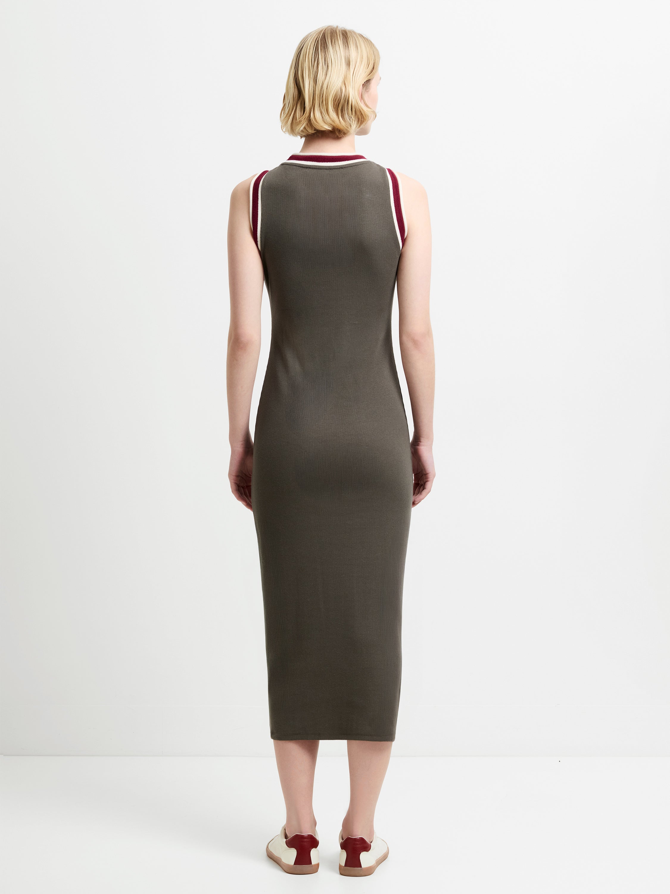Alma Jersey Sleeveless Tipped Khaki Green Midi Dress