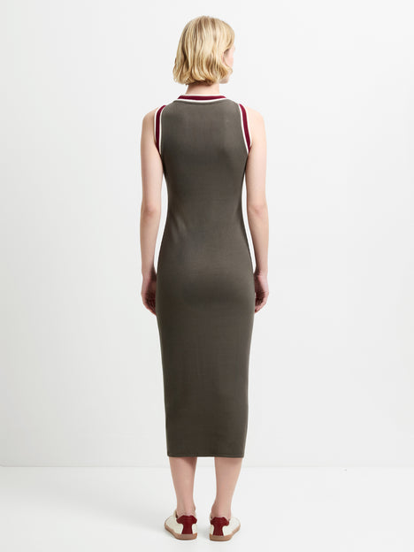 Alma Jersey Sleeveless Tipped Khaki Green Midi Dress