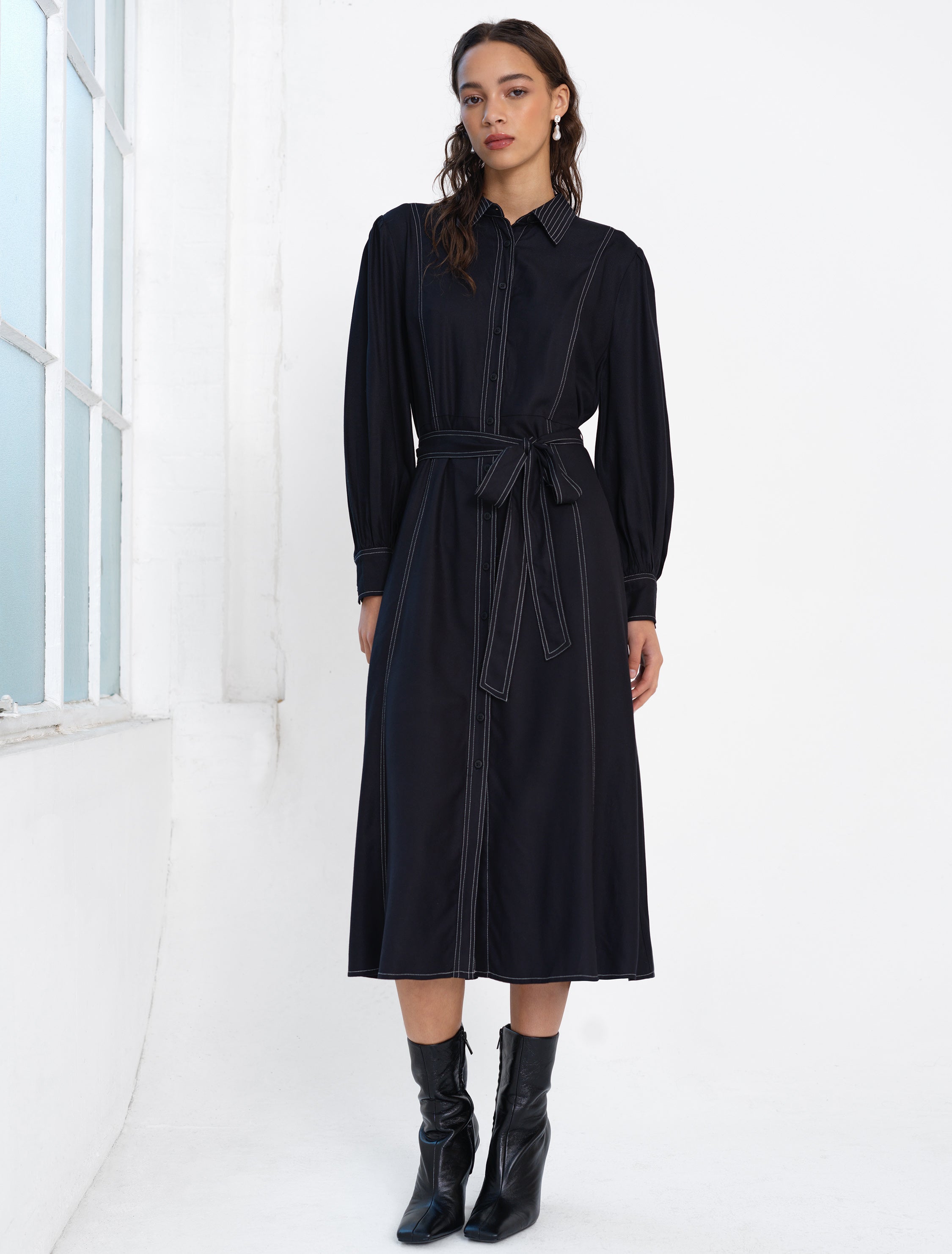 Rochelle Viscose Twill Contrast Stitching Shirt Dress
