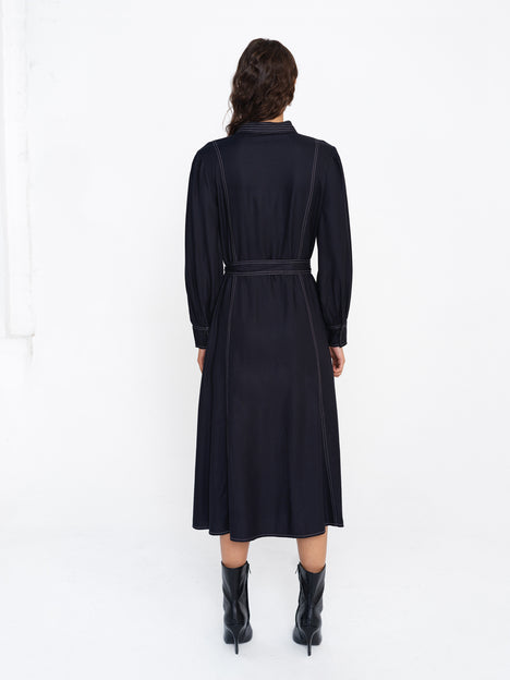 Viscose Twill Contrast Stitching Black Shirt Dress