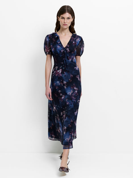 Clara Floral V Neck Puff Sleeve Midi Smock Dress