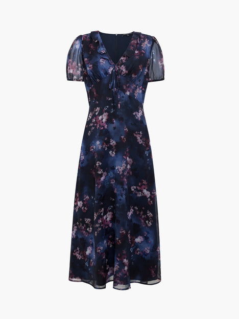 Clara Floral V Neck Puff Sleeve Midi Smock Dress